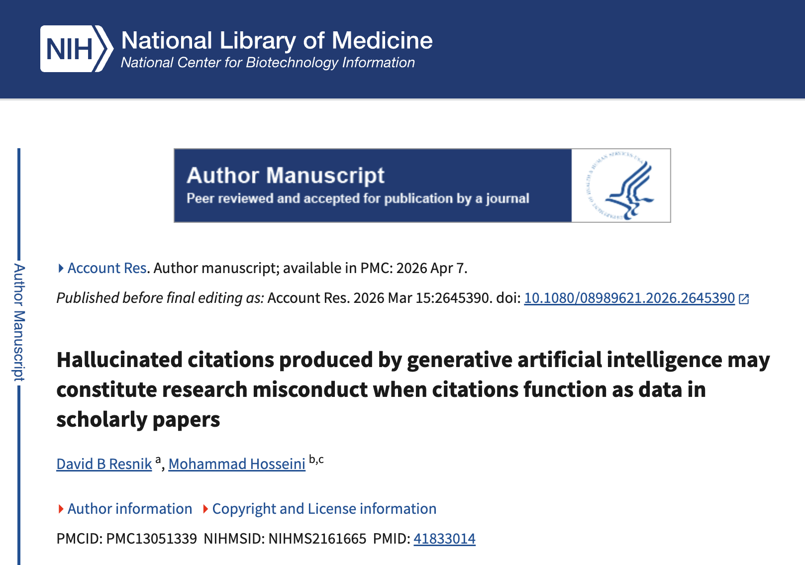 NIH Hallucinated citations produced by generative artificial intelligence may constitute research misconduct when citations function as data in scholarly papers