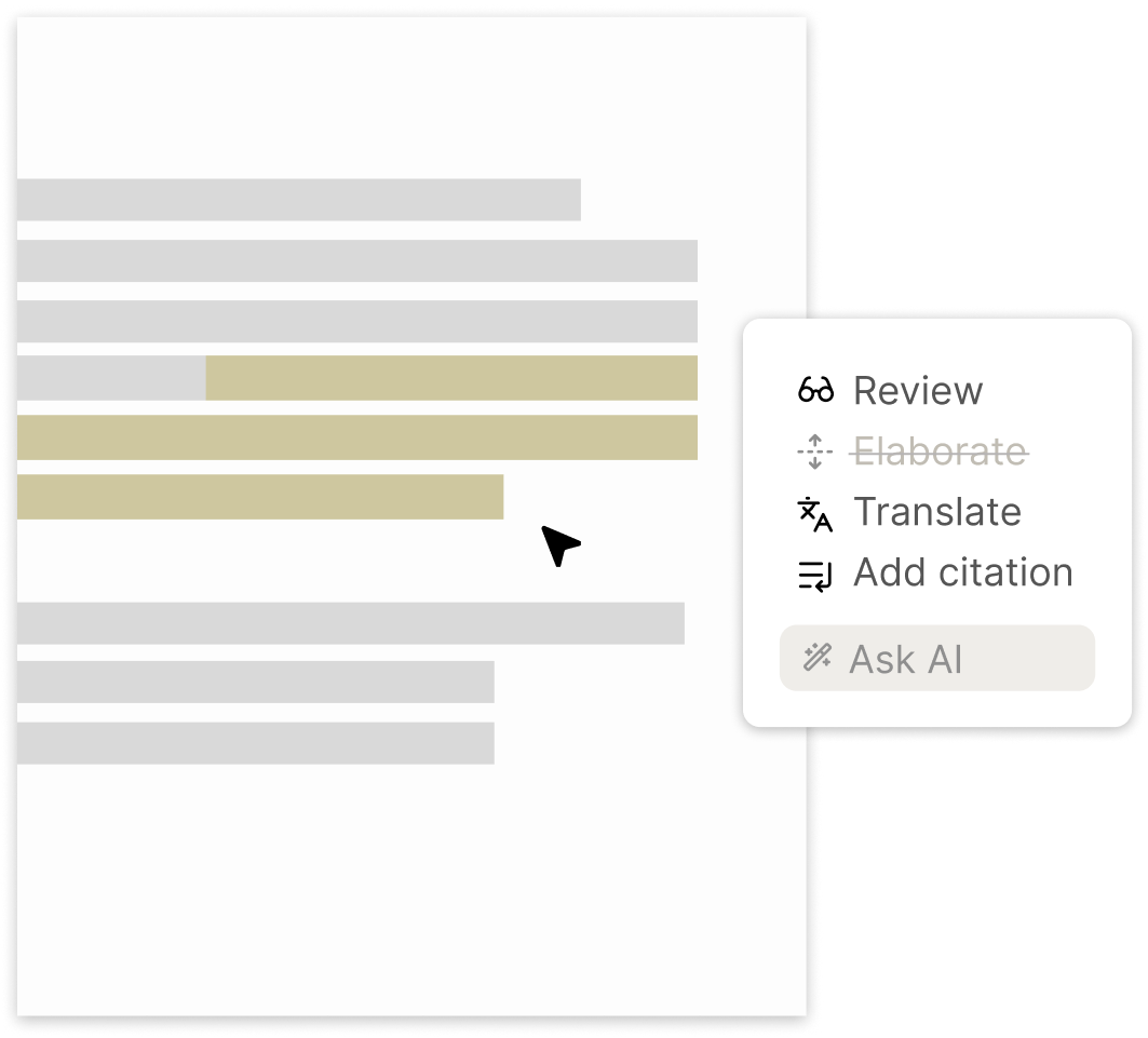 Document editor with contextual AI toolbar: Review enabled, Ask AI disabled to match faculty rules.